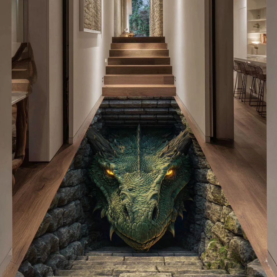 Whimsical 3D Visual Runner Carpet with Dragonfly Dragon Fishing Pawprint Themed Pattern Non-Slip Wear-Resistant Fabric Mat for Hallway Decoration