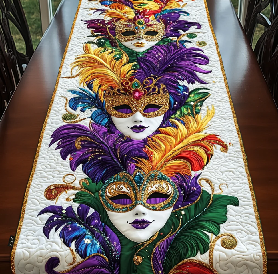 Handcrafted Quilted Table Runner with Diverse Thematic Patterns - Mardi Gras Mask, Heart Embroidery, Celtic Tree, Pumpkin Harvest, Cardinal Bird, Clover, Turkey Designs for Dining Table Decoration