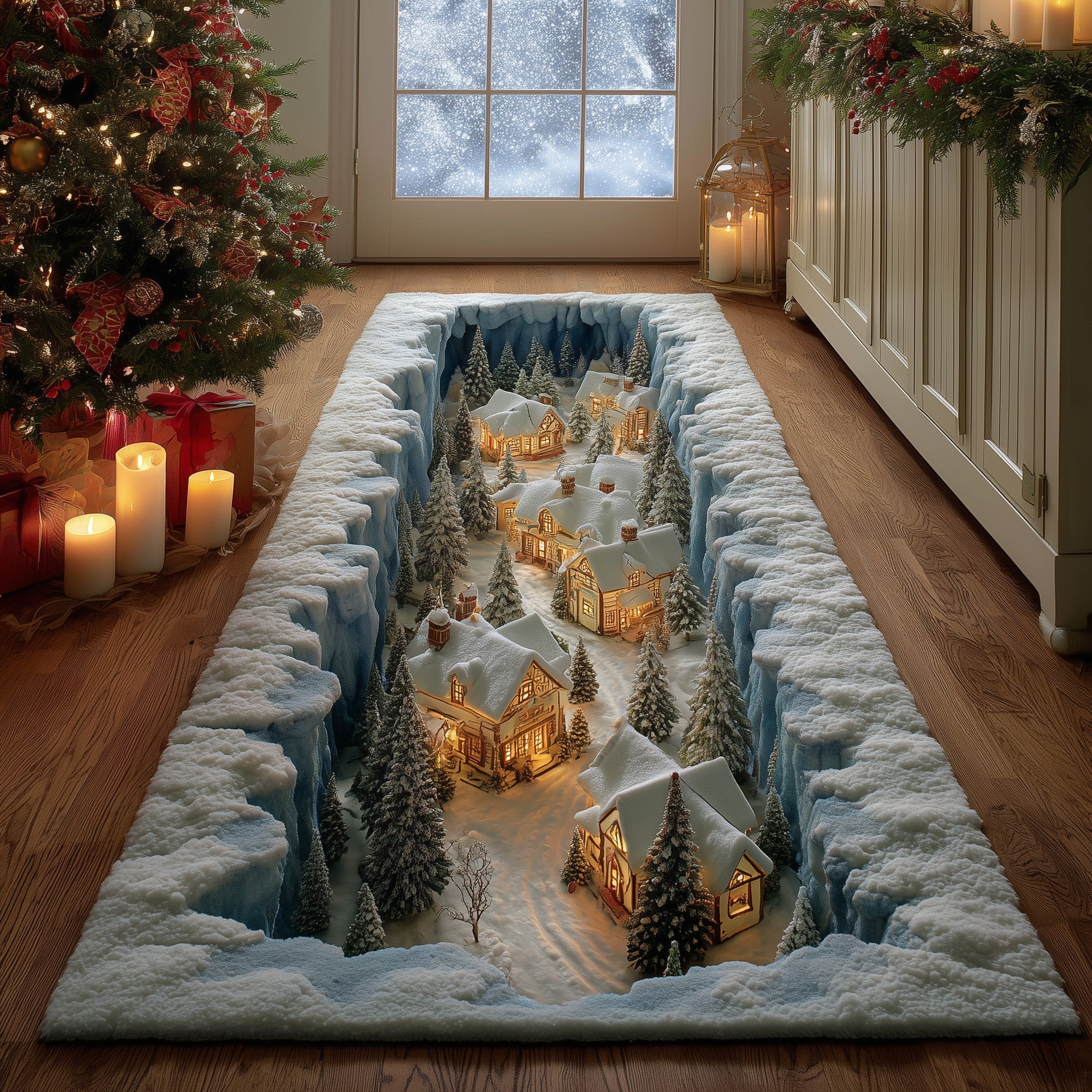 3D Snow Forest Cabin Hallway Runner – Snow Village Runner Rug