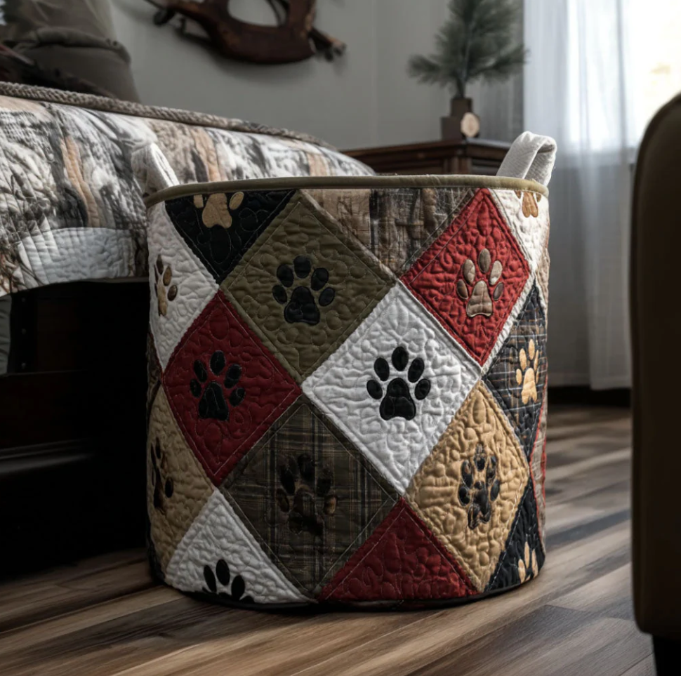 Vintage Patchwork Paw Print Pattern Quilted Laundry Basket Eco-Friendly Machine Washable Storage Bin for Home Pet Room Organization | Paw