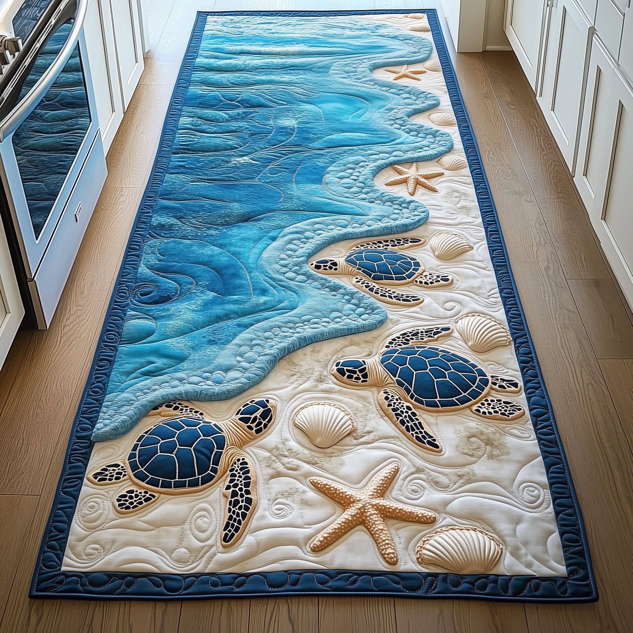 Coastal Wave & Sea Turtle Hallway Quilted  Runner Rug