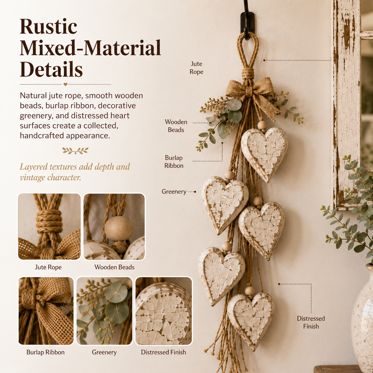 Close-up of Rustic Neutral rope, beads, ribbon, greenery, and distressed texture