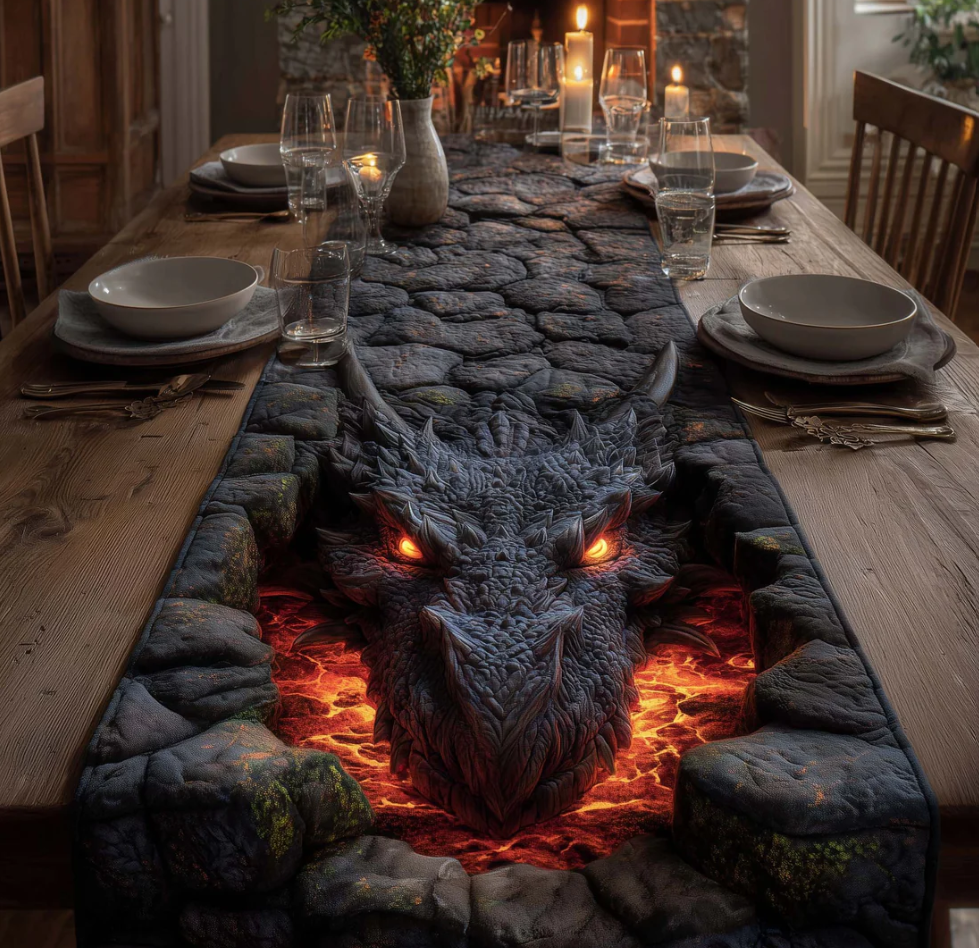 Dragon Hoard Pattern Quilted Table Runner - Eco-Friendly & Machine Washable | Dragon