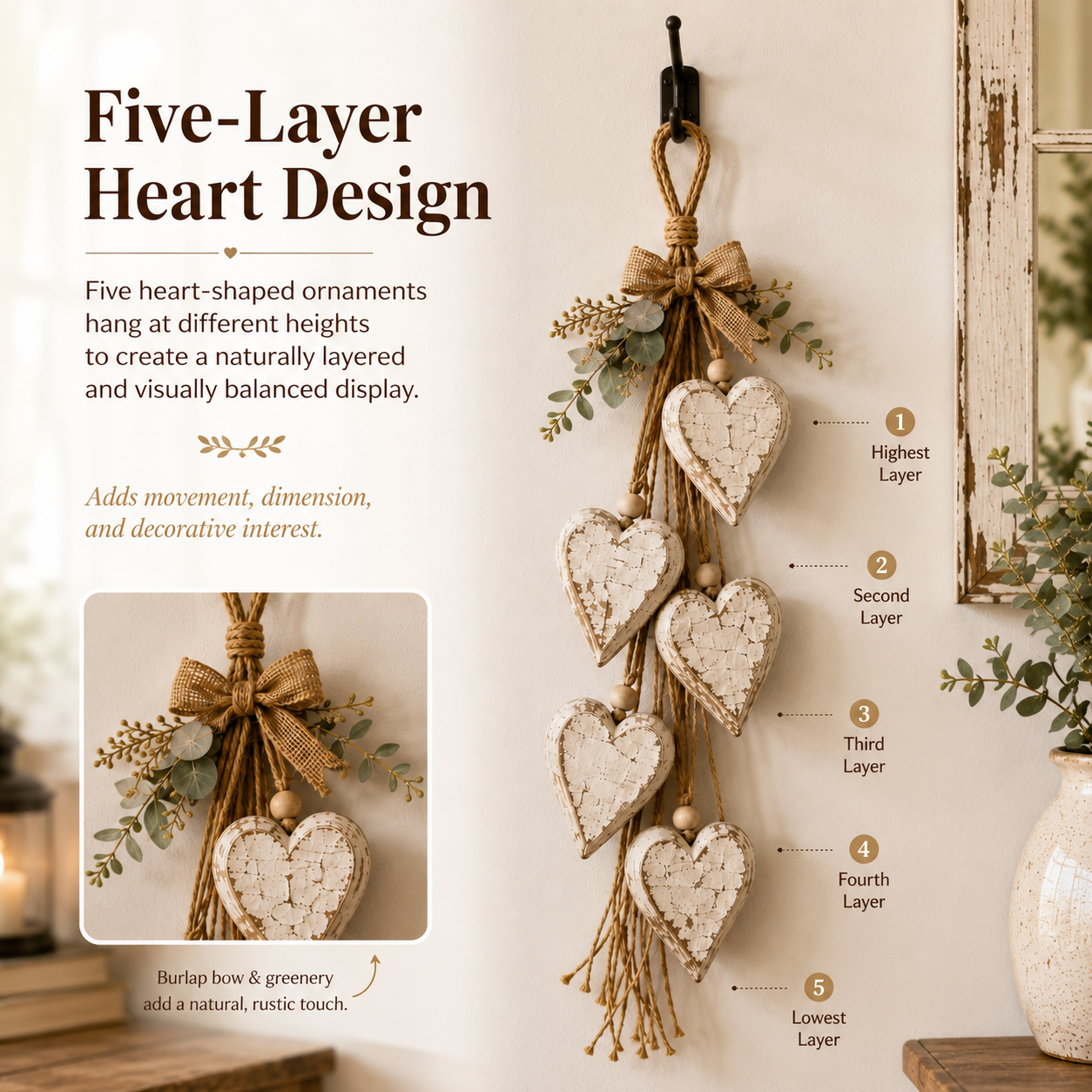 Five-Heart Hanging Wall Decor – Rustic Farmhouse & Coastal Styles