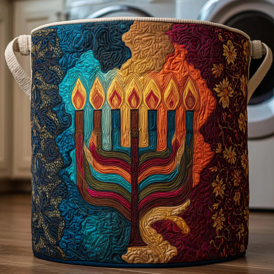 Artistic Menorah & Star of David Pattern Quilted Laundry Basket Eco-Friendly Machine Washable Storage Bin for Home Jewish Heritage Decor | Menorah