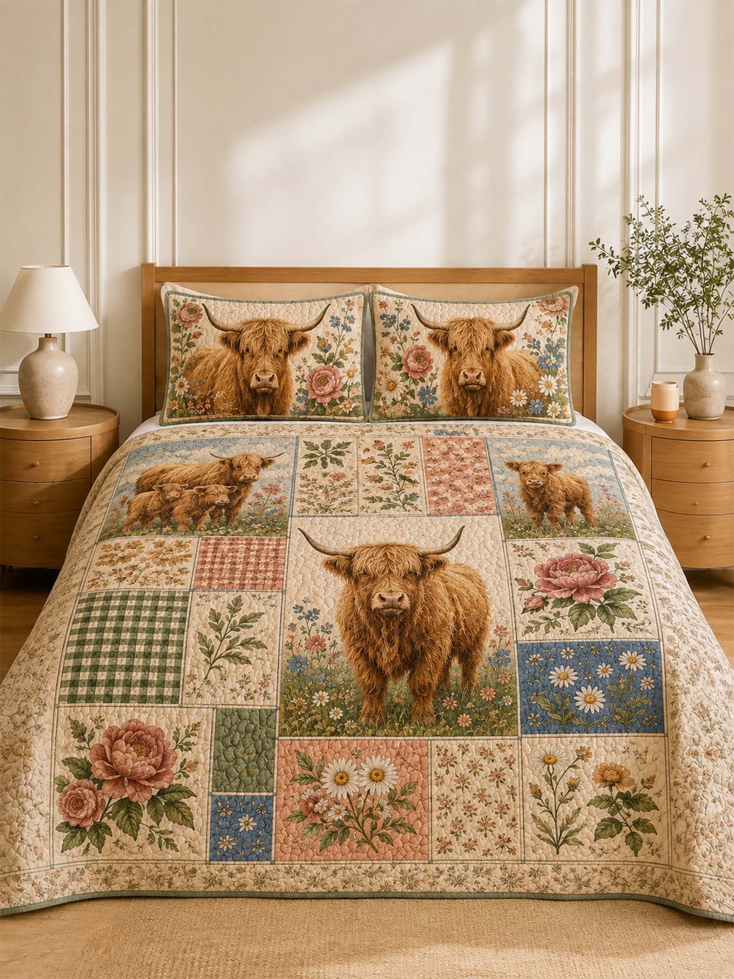 Highland Cow Floral Patchwork Quilted 3-Piece Bedding Set