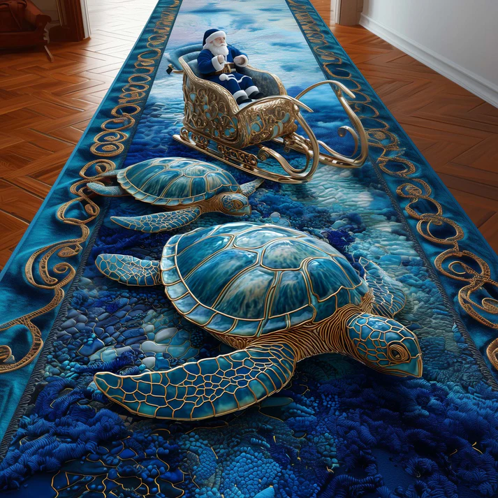 Whimsical Underwater Fairy Tale Style Turtle Drift & Golden Filigree Pattern Quilted Runner Rug with Magical Ocean Decor | Turtle
