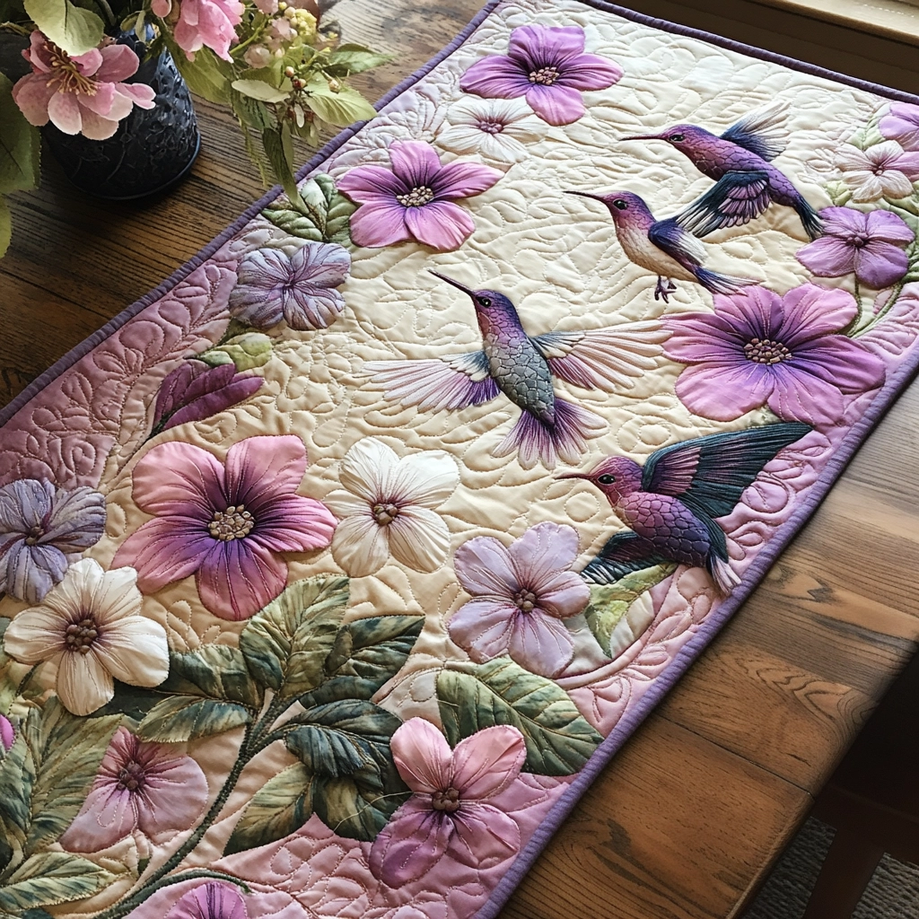 Hummingbird Blossoms Quilted Table Runner 🌸🐦✨