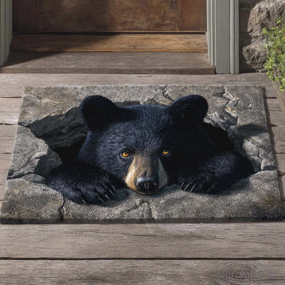 Hardcore 3D Natural Realism Style Lifelike Bear Face & Cracked Concrete Pattern Bear Doormat with Textured Weave & Outdoor Safe | Bear Doormat