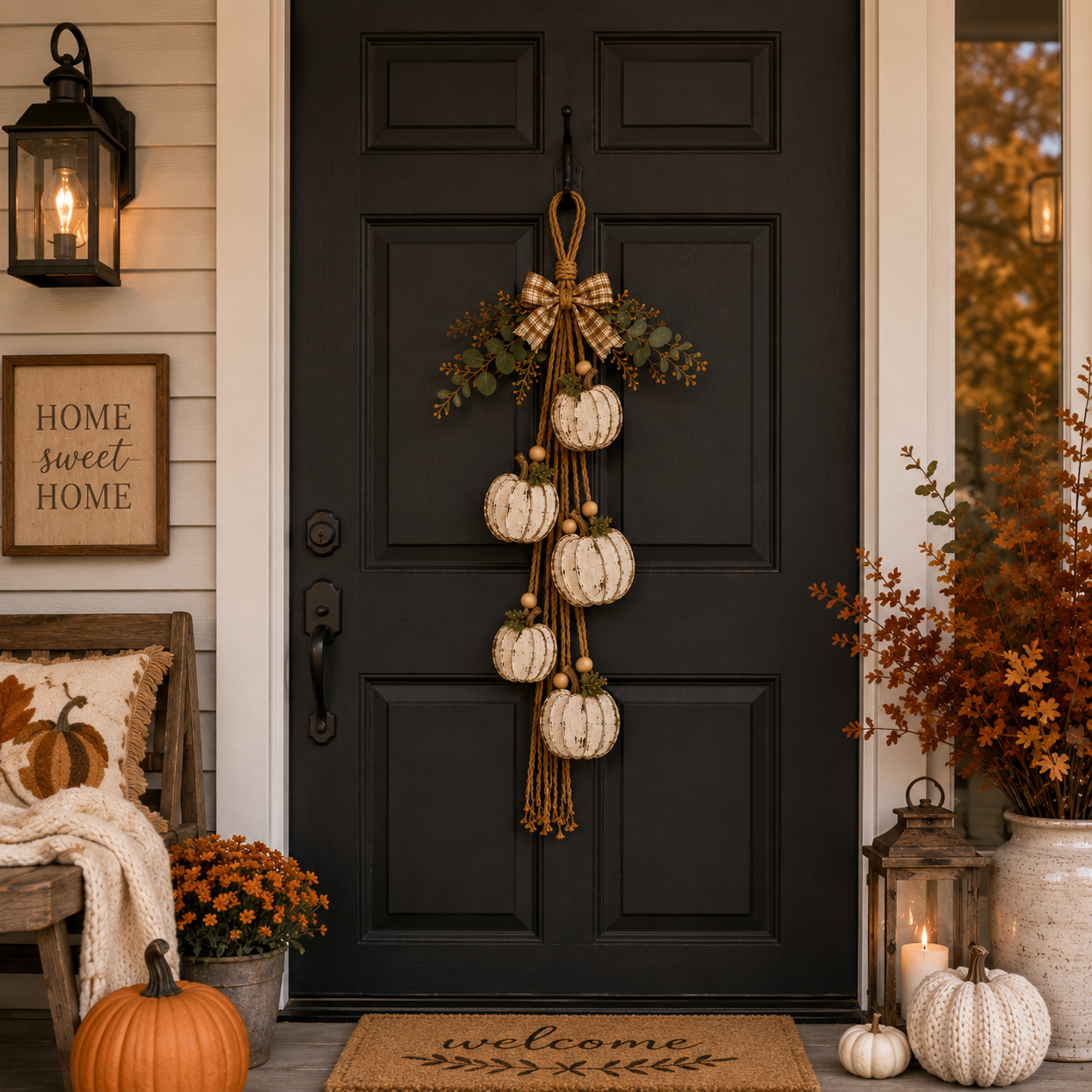 5-Pumpkin Rustic White Hanging Swag – Fall Door & Wall Decor