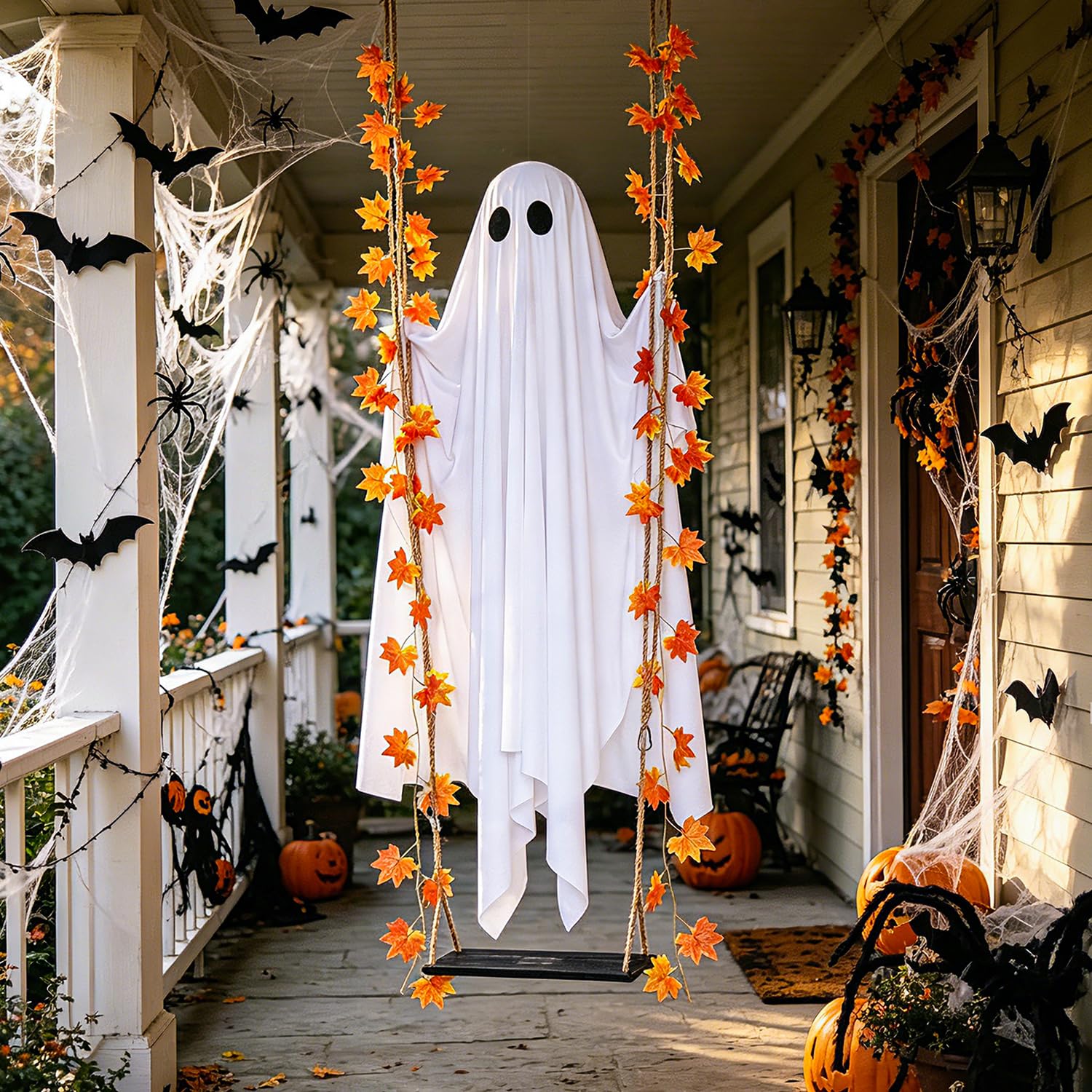 Hanging Swinging Ghost Halloween Decor - Outdoor Halloween Decoration with Ghost on a Swing for Garden, Yard, Porch or Tree, 3.9 FT Large Spooky Cute Ghost with String Lights, 5.9 FT Overall Length