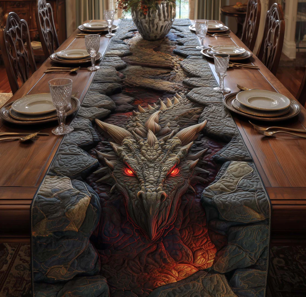 Mythical Dragon Hoard Quilted Table Runner - Eco-Friendly & Machine Washable | Dragon
