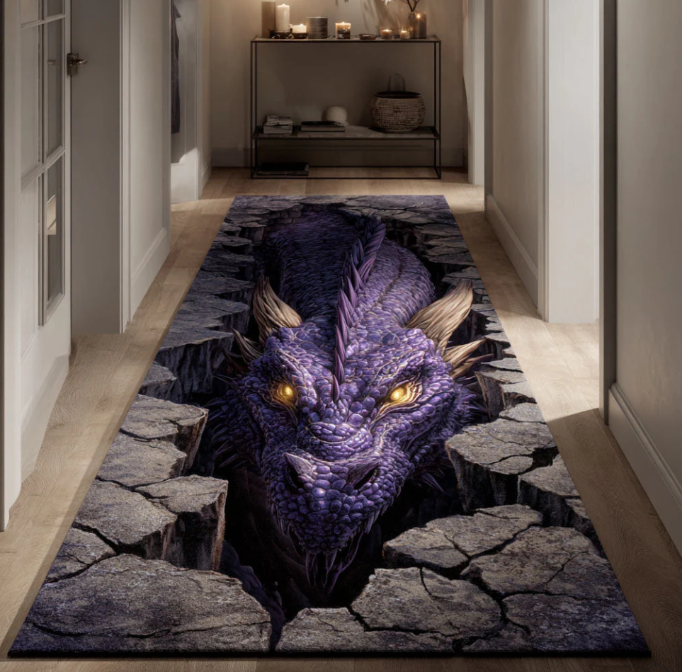 Whimsical 3D Visual Runner Carpet with Dragonfly Dragon Fishing Pawprint Themed Pattern Non-Slip Wear-Resistant Fabric Mat for Hallway Decoration
