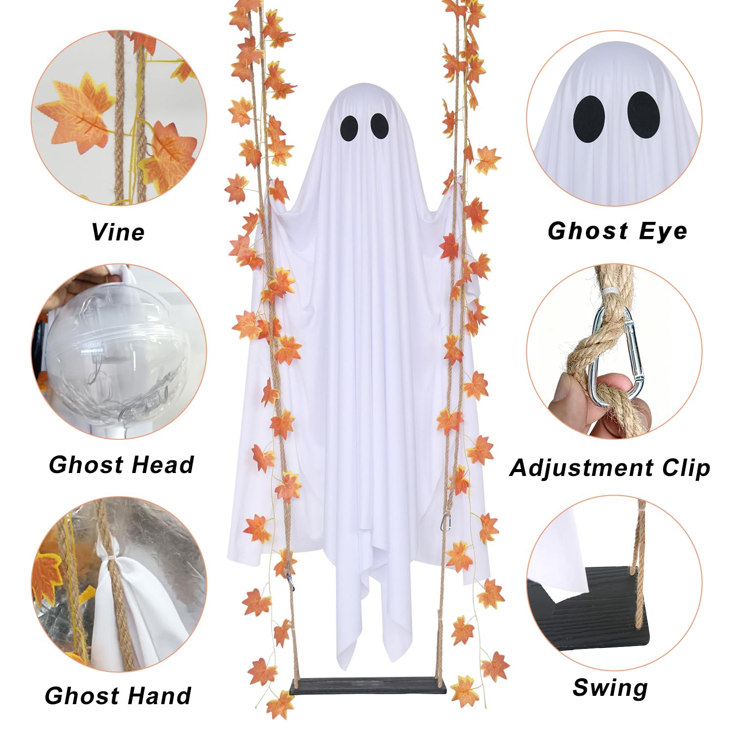 Hanging Swinging Ghost Halloween Decor - Outdoor Halloween Decoration with Ghost on a Swing for Garden, Yard, Porch or Tree, 3.9 FT Large Spooky Cute Ghost with String Lights, 5.9 FT Overall Length