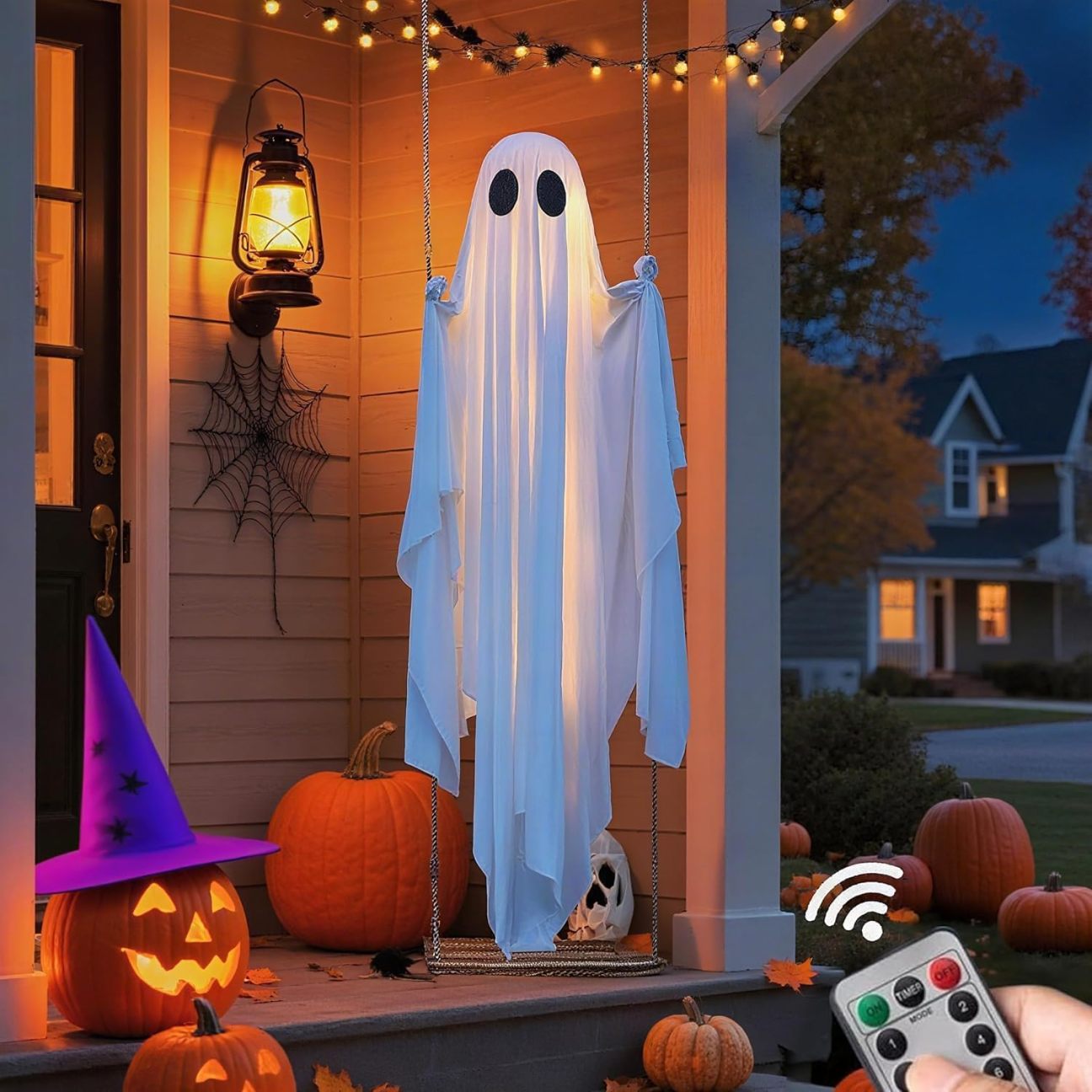 🔥Halloween Decorations Outdoor Hanging Swing Ghost Halloween Decor with String Lights, Spooky Cute Ghosts Decorations for Front Porch Yard Tree