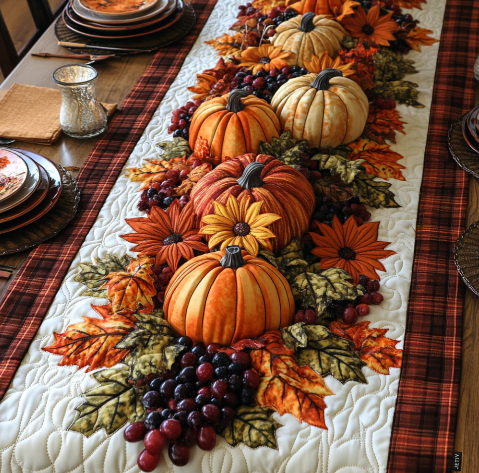 Handcrafted Quilted Table Runner with Diverse Thematic Patterns - Mardi Gras Mask, Heart Embroidery, Celtic Tree, Pumpkin Harvest, Cardinal Bird, Clover, Turkey Designs for Dining Table Decoration