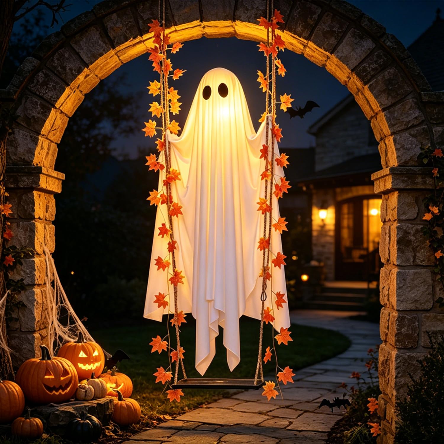 Hanging Swinging Ghost Halloween Decor - Outdoor Halloween Decoration with Ghost on a Swing for Garden, Yard, Porch or Tree, 3.9 FT Large Spooky Cute Ghost with String Lights, 5.9 FT Overall Length