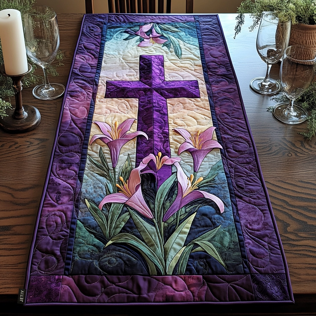 Easter Cross & Lilies Quilted Table Runner ✨✝️🌸