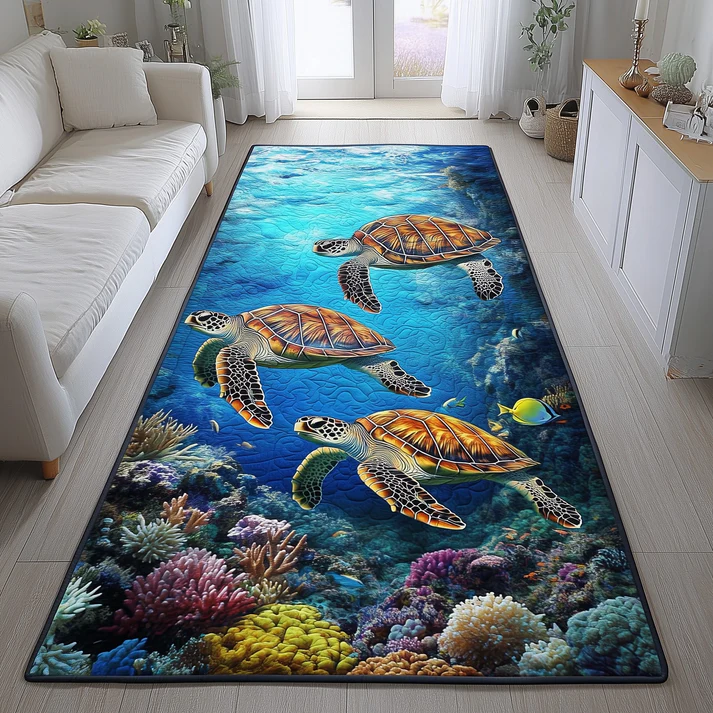 Elegant Coastal Style Ocean Turtle & Exquisite Seashell Pattern Quilted Runner Rug | Luxe Nautical Home Accent | For Dining Room Hallway | Turtle