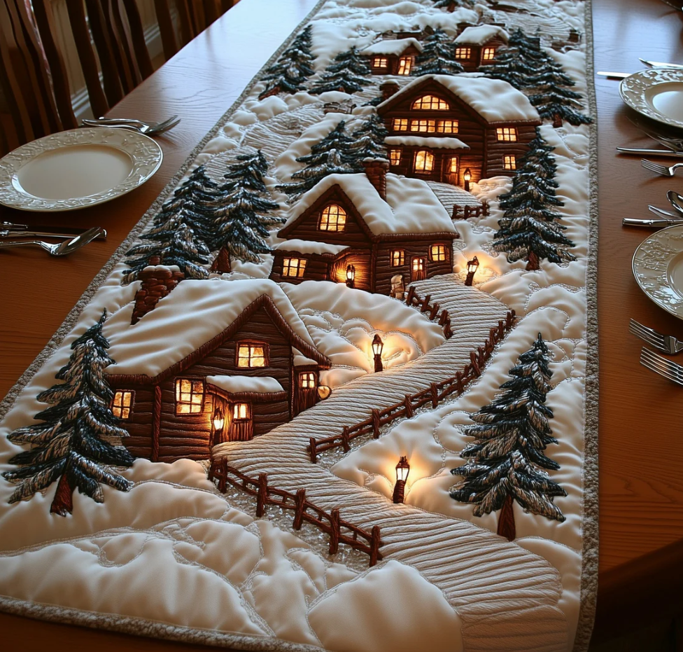 Winter Cabin Quilted Table Runner Snowy Village Pattern Dining Table Flag for Home Decor | snowy village