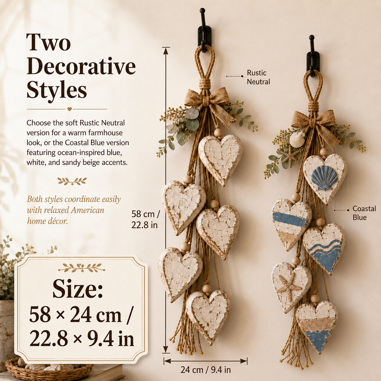Five-Heart Hanging Wall Decor – Rustic Farmhouse & Coastal Styles