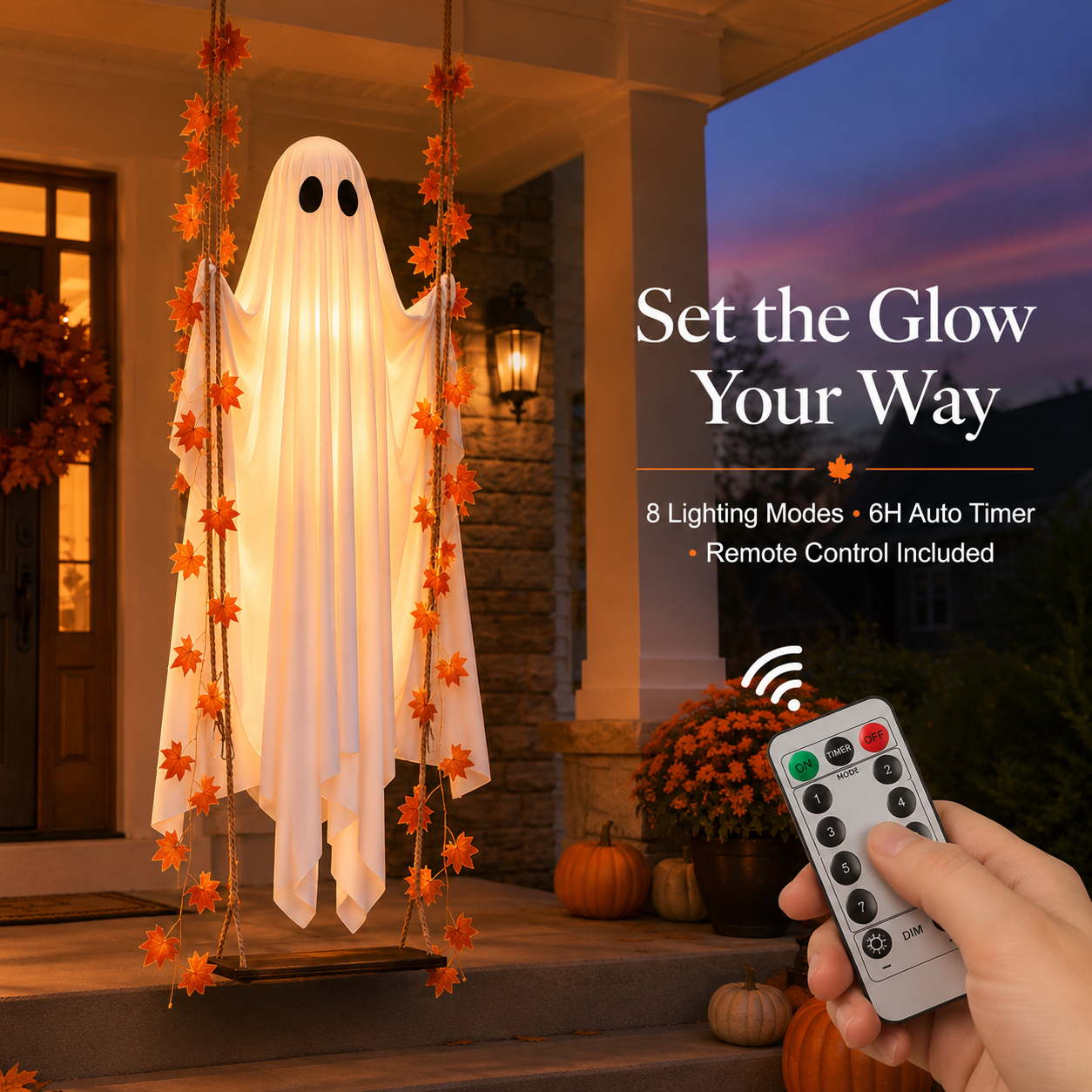 Hanging Swinging Ghost Halloween Decor - Outdoor Halloween Decoration with Ghost on a Swing for Garden, Yard, Porch or Tree, 3.9 FT Large Spooky Cute Ghost with String Lights