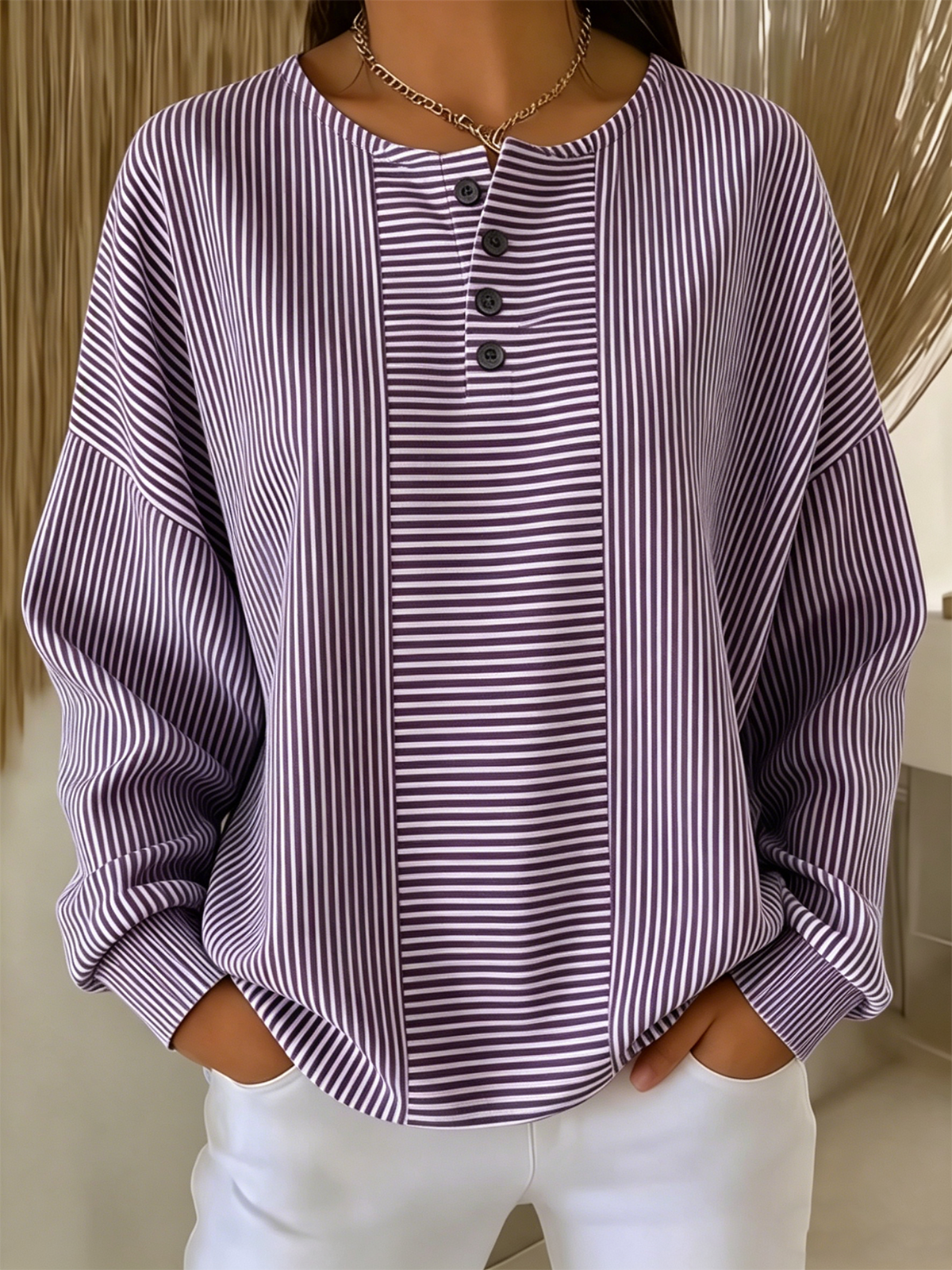 Women Casual Others Loose Striped Sweatshirt