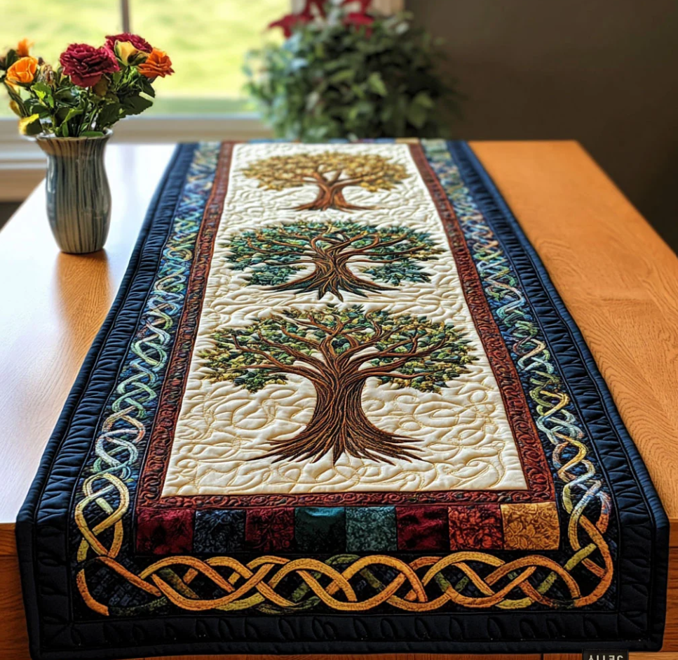 Handcrafted Quilted Table Runner with Diverse Thematic Patterns - Mardi Gras Mask, Heart Embroidery, Celtic Tree, Pumpkin Harvest, Cardinal Bird, Clover, Turkey Designs for Dining Table Decoration