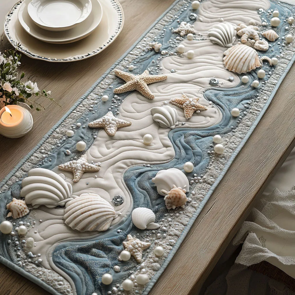 Tidal Pearls & Seashell Whispers Quilted Table Runner 🐚🌊🤍✨