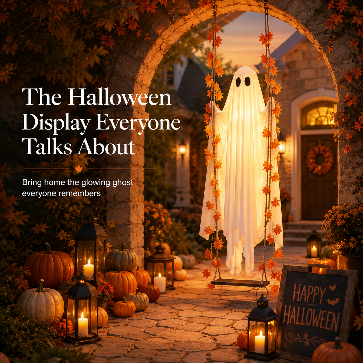 Hanging Swinging Ghost Halloween Decor - Outdoor Halloween Decoration with Ghost on a Swing for Garden, Yard, Porch or Tree, 3.9 FT Large Spooky Cute Ghost with String Lights