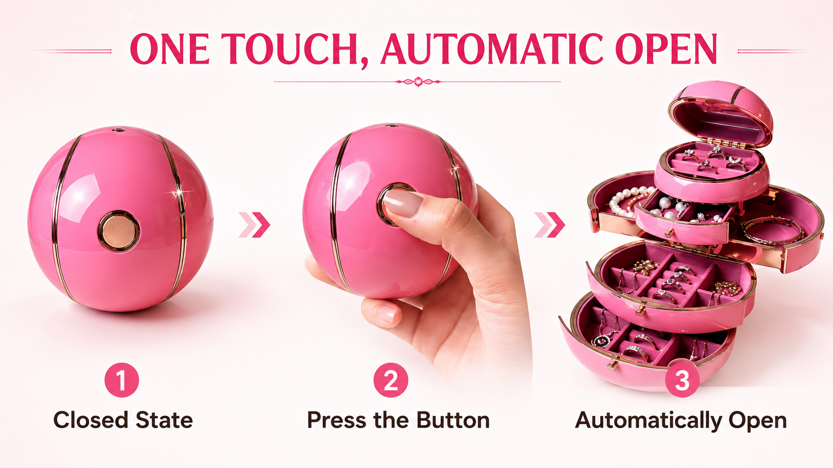 Compact spherical jewelry box unfolding into a tiered display