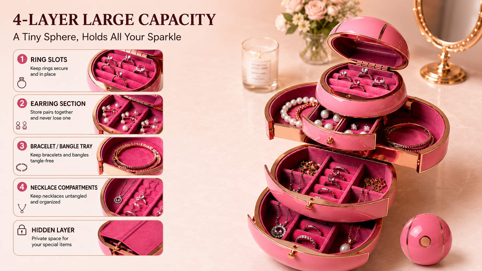 Jewelry box open showing separate compartments for rings, earrings, bracelets, and necklaces