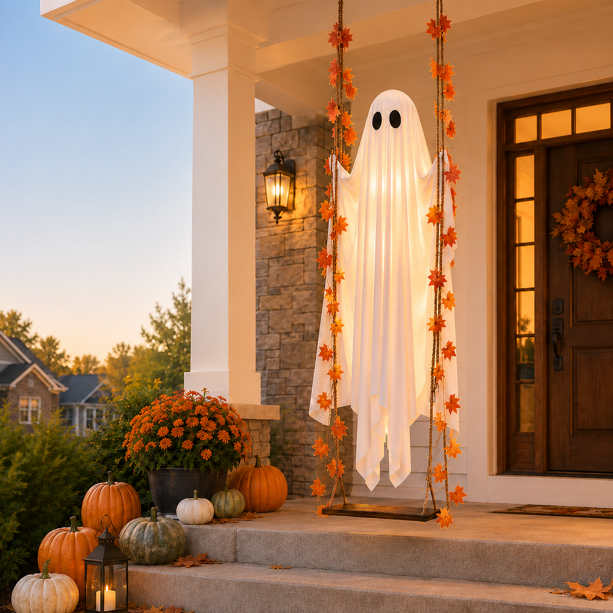 Hanging Swinging Ghost Halloween Decor - Outdoor Halloween Decoration with Ghost on a Swing for Garden, Yard, Porch or Tree, 3.9 FT Large Spooky Cute Ghost with String Lights
