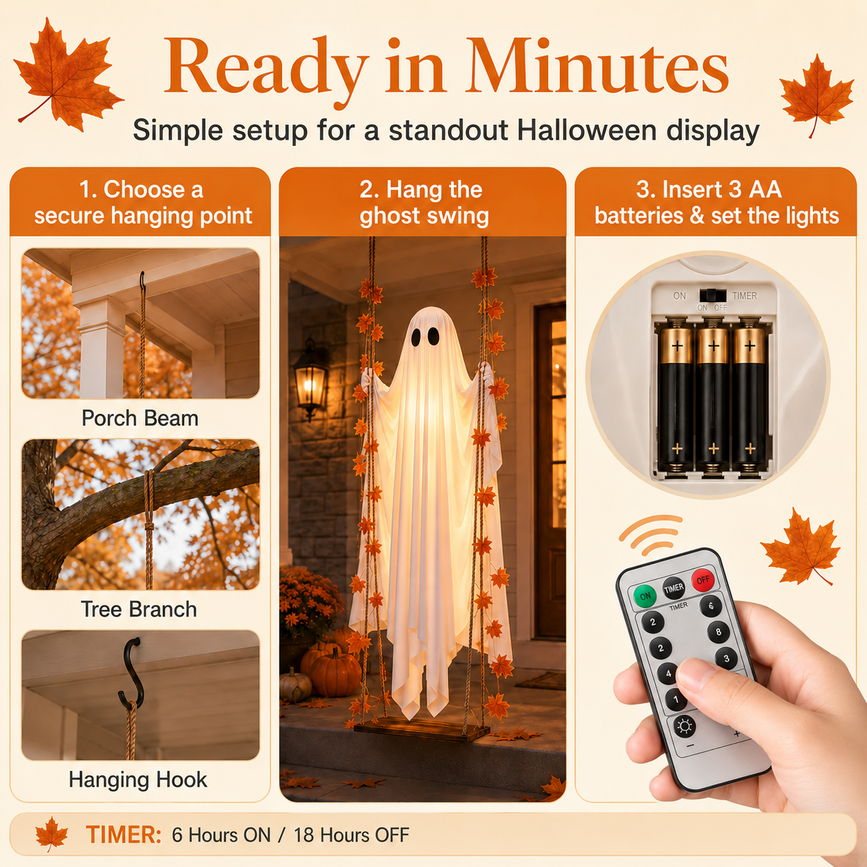 Hanging Swinging Ghost Halloween Decor - Outdoor Halloween Decoration with Ghost on a Swing for Garden, Yard, Porch or Tree, 3.9 FT Large Spooky Cute Ghost with String Lights