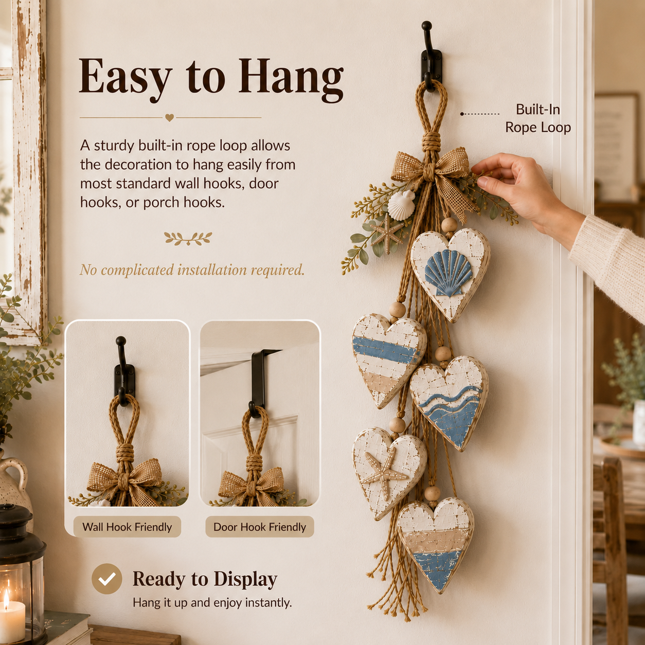Coastal Blue five-heart wall decor styling and display detail