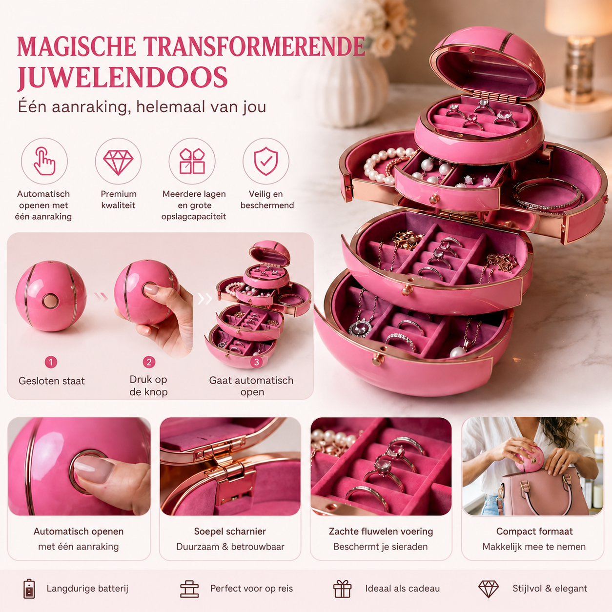 Automatisch vervormbare bolvormige juwelendoos