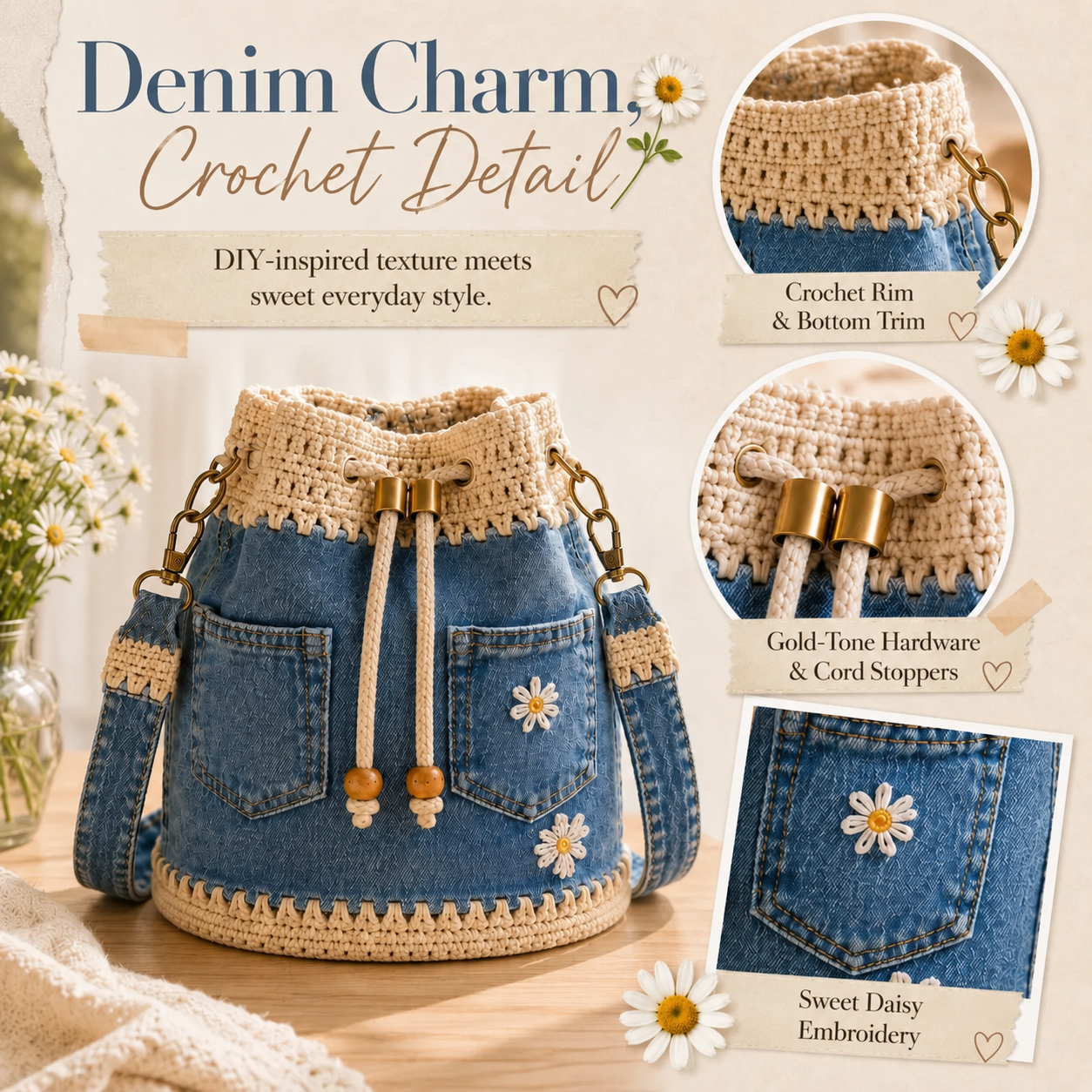 Denim Crochet Bucket Bag