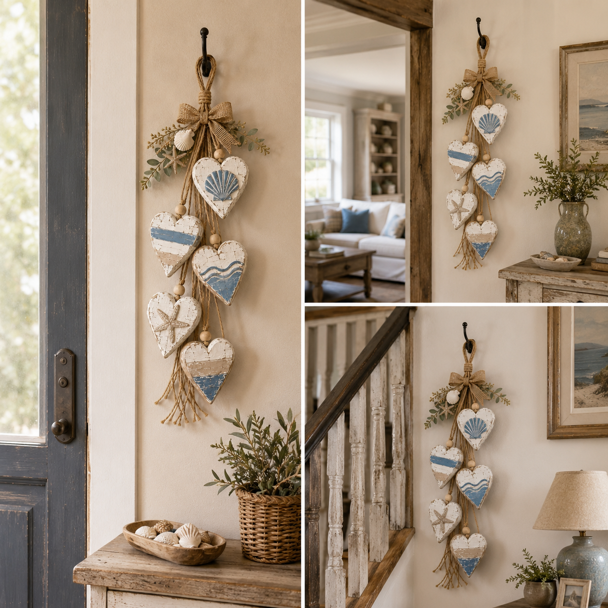 Five-Heart Hanging Wall Decor – Rustic Farmhouse & Coastal Styles