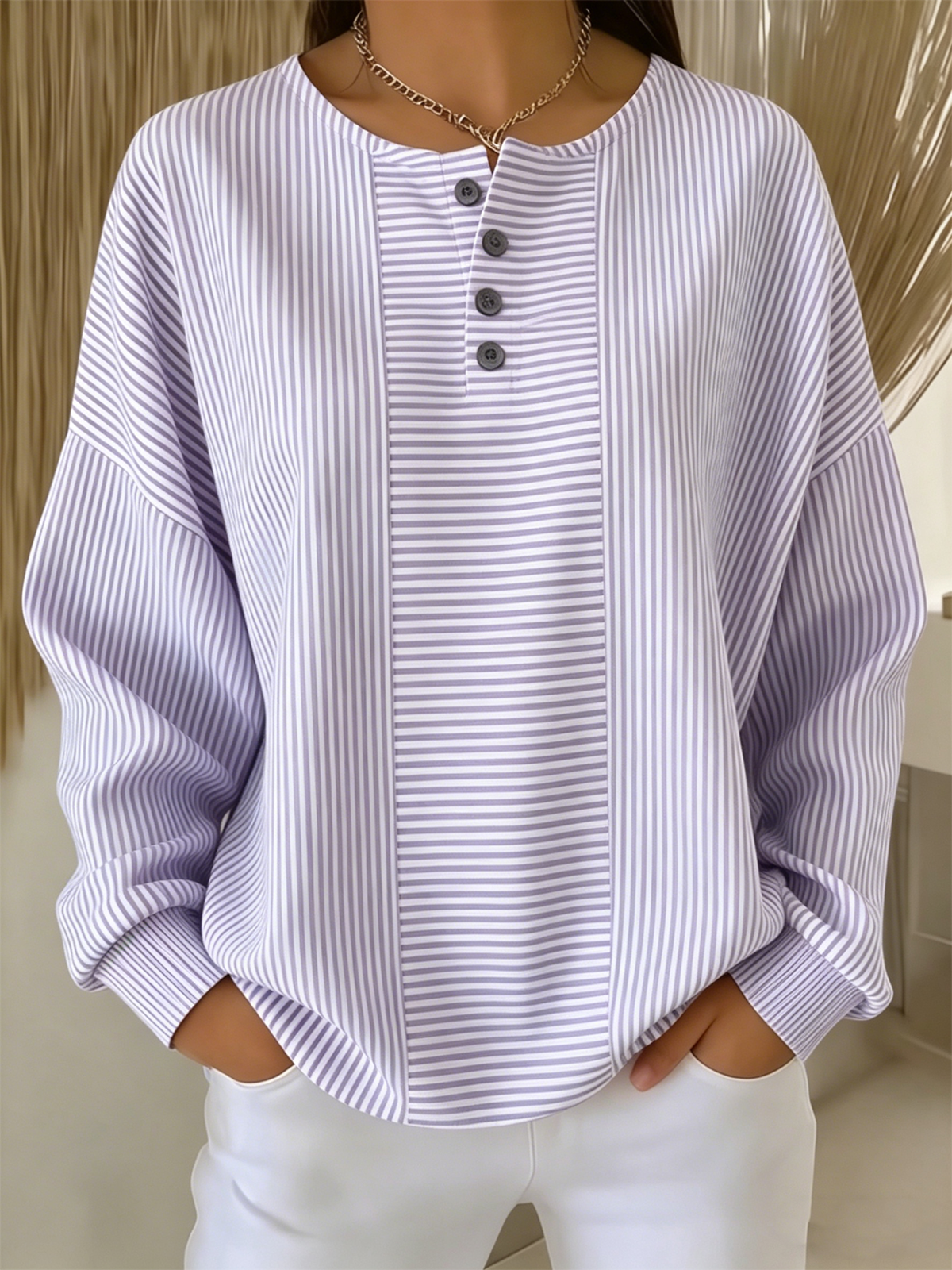 Women Casual Others Loose Striped Sweatshirt