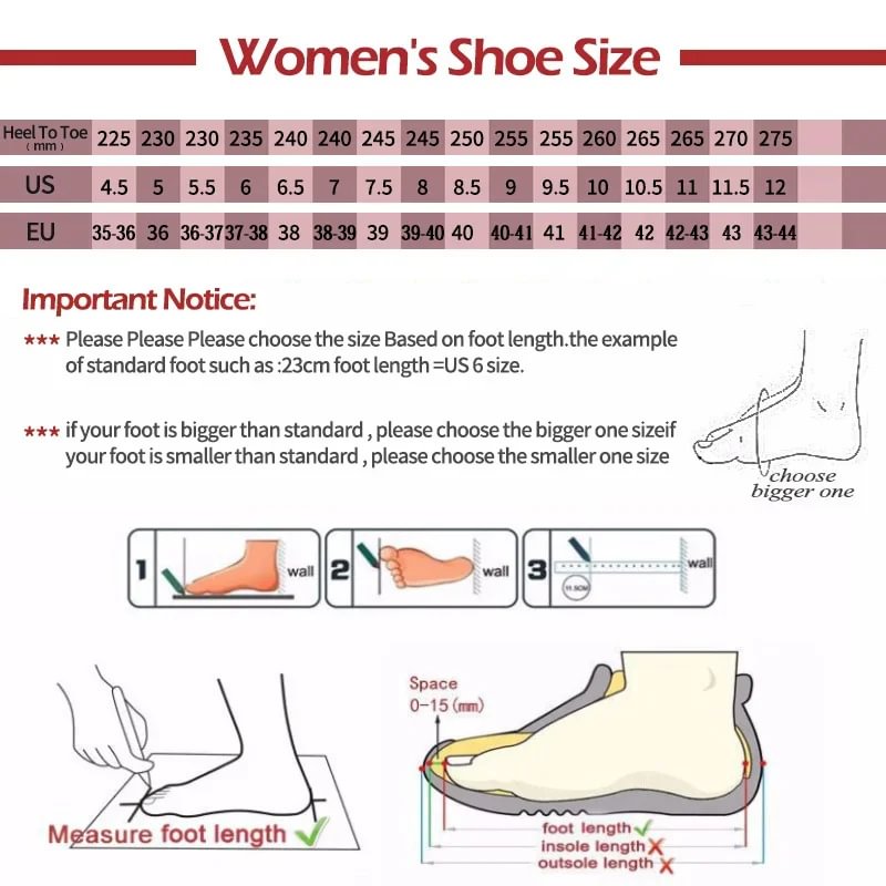 Women's sandal size guide with foot length measurement instructions