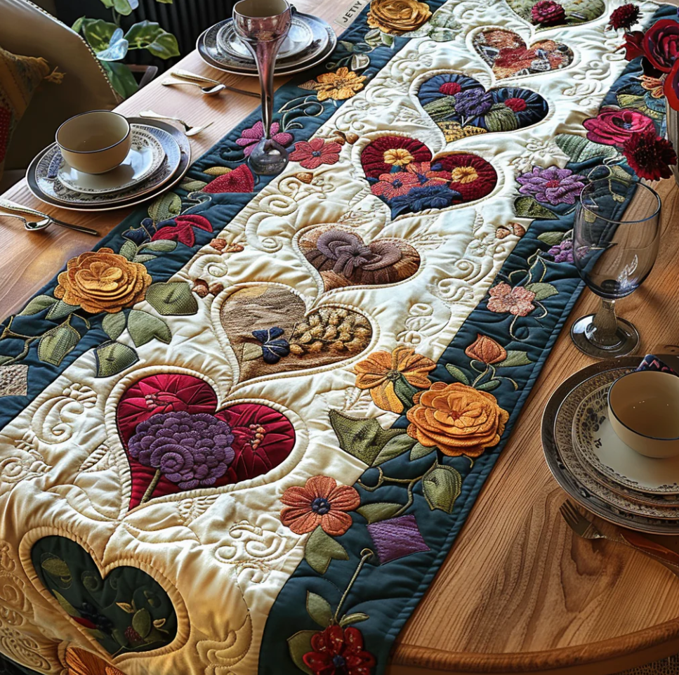 Handcrafted Quilted Table Runner with Diverse Thematic Patterns - Mardi Gras Mask, Heart Embroidery, Celtic Tree, Pumpkin Harvest, Cardinal Bird, Clover, Turkey Designs for Dining Table Decoration