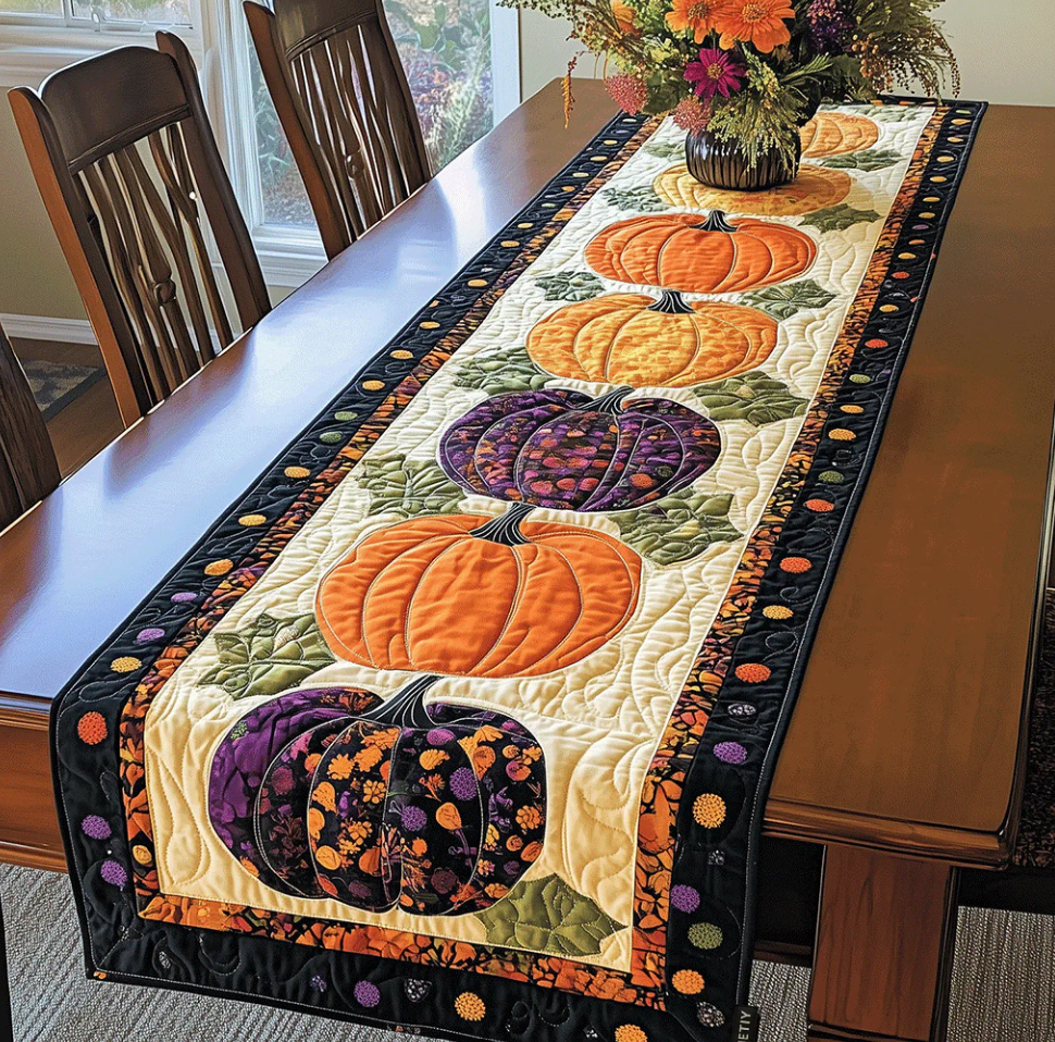 Handcrafted Quilted Table Runner with Diverse Thematic Patterns - Mardi Gras Mask, Heart Embroidery, Celtic Tree, Pumpkin Harvest, Cardinal Bird, Clover, Turkey Designs for Dining Table Decoration