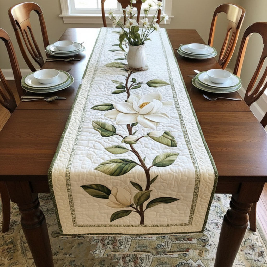 Rustic Magnolia Bloom Quilted Table Runner– Natural & Handcrafted Style