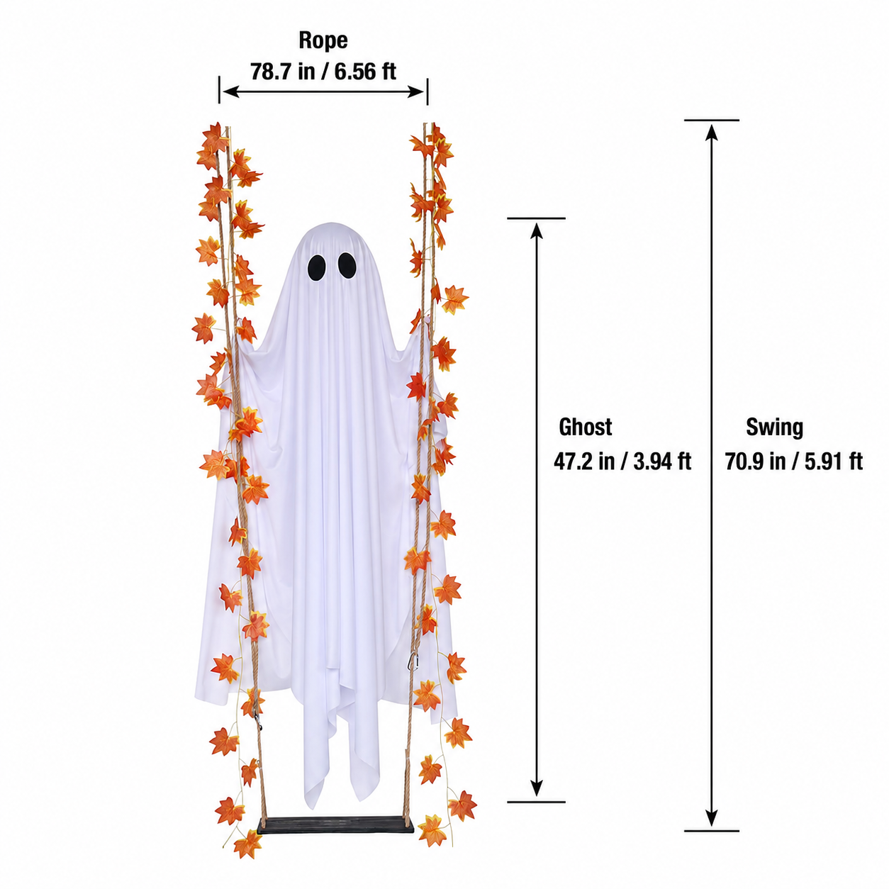 Hanging Swinging Ghost Halloween Decor - Outdoor Halloween Decoration with Ghost on a Swing for Garden, Yard, Porch or Tree, 3.9 FT Large Spooky Cute Ghost with String Lights, 5.9 FT Overall Length