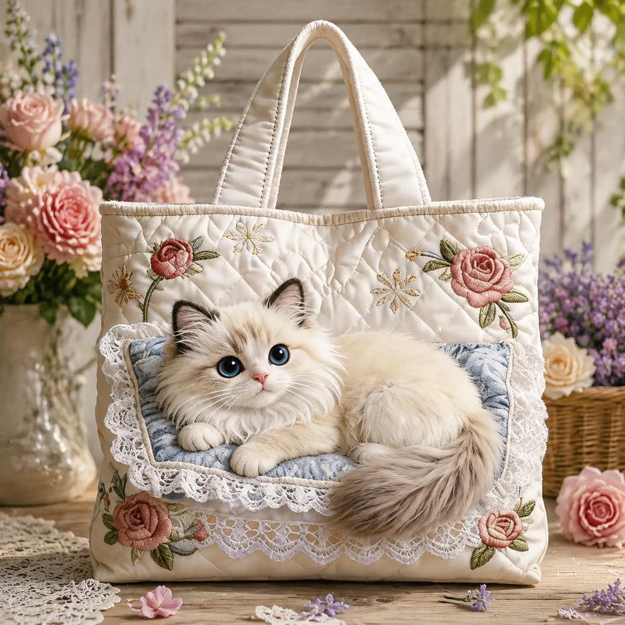 Elegant Cat Quilted Tote Bag