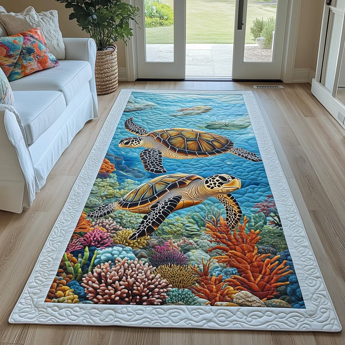 Elegant Coastal Style Ocean Turtle & Exquisite Seashell Pattern Quilted Runner Rug | Luxe Nautical Home Accent | For Dining Room Hallway | Turtle