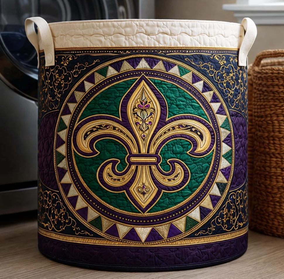 Luxurious Mardi Gras Fleur-de-lis Pattern Quilted Laundry Basket Eco-Friendly Machine Washable Storage Organizer for Home Carnival Themed Decor | Mardi Gras Fleur-de-lis