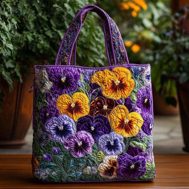 Pansy Bloom quilted tote bag