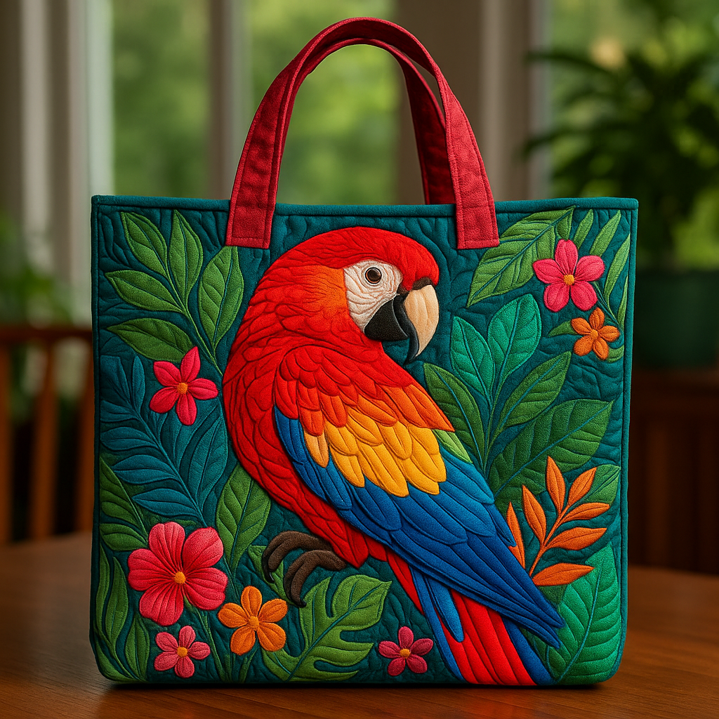 Tropical Macaw Quilted Tote Bag 🦜🌺 Colorful Patchwork Design