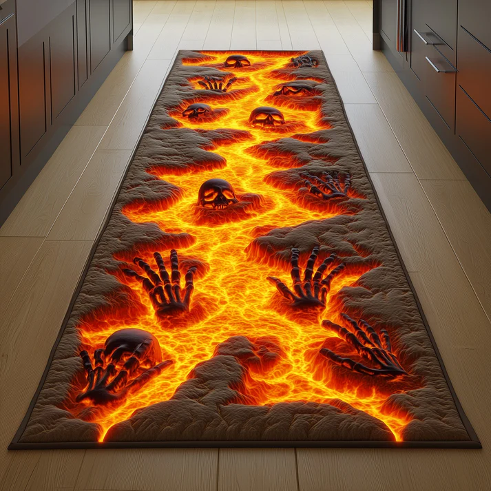 3D Gothic Dark Style Flaming Pathway & Hell Staircase Skull Pattern Quilted Runner Rug with Lava Crack Decor | Flaming Skull